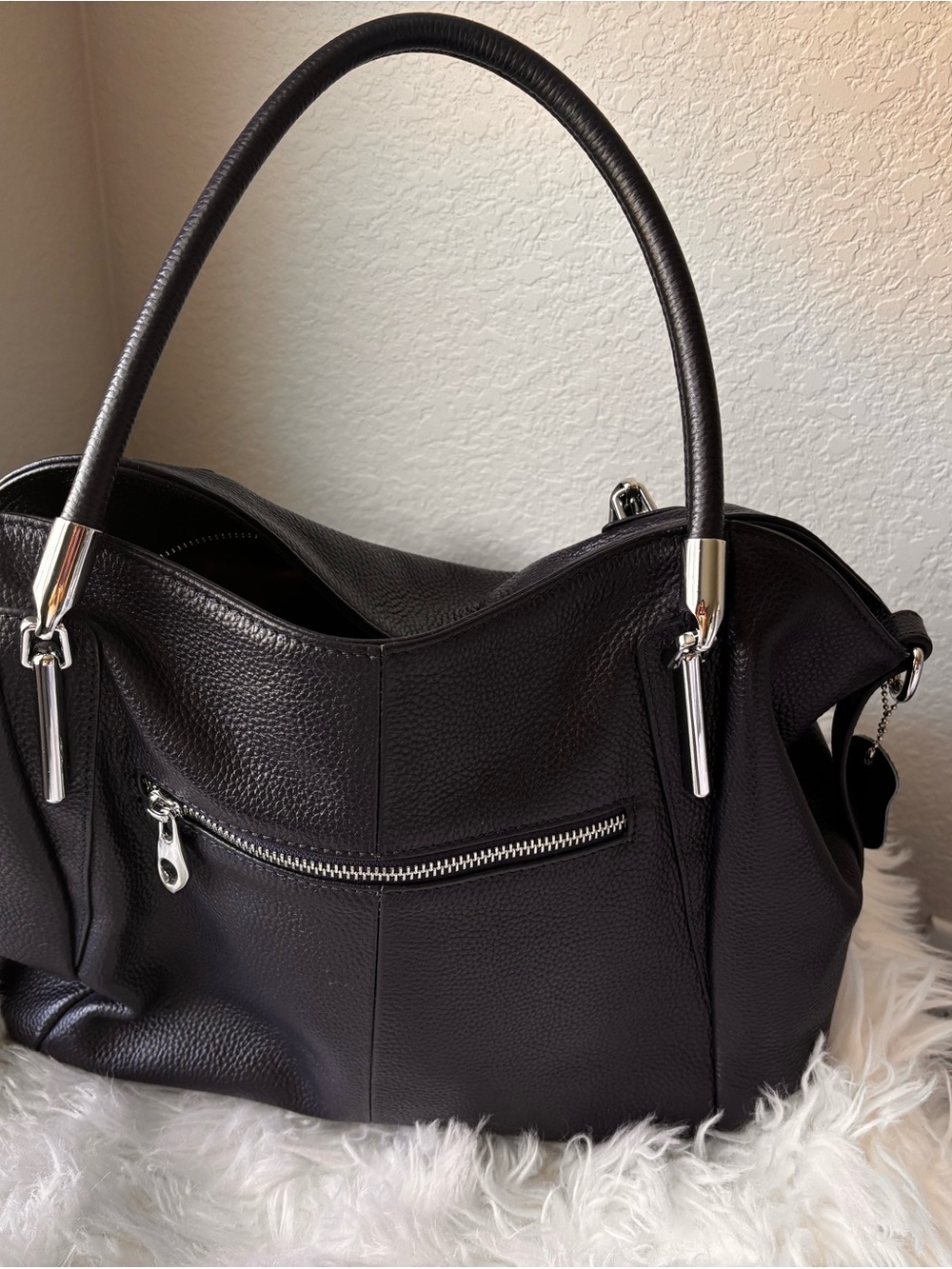 Navy blue Classic Black Leather Tote Bag with Silver Hardware